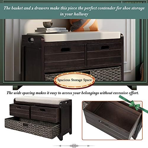Knocbel Farmhouse Storage Bench with 2 Drawers, Removable Cushion and Wicker ...