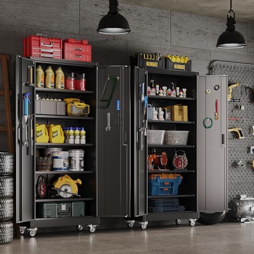 71" Metal Storage Cabinet with Wheels, 5 Adjustable Shelves, Black