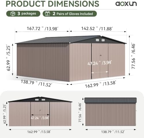 Aoxun 14x12 FT Outdoor Storage Shed with Lockable Double Doors, Brown