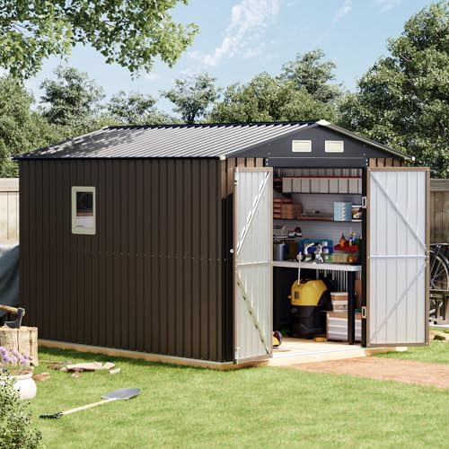 10 x 8 FT Storage Shed with Floor Frame for Backyard, Brown