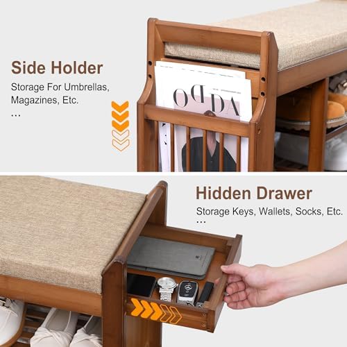 PETKABOO Shoe Bench with Hidden Drawer and Side Holder, 2 Tier Entryway Bench...