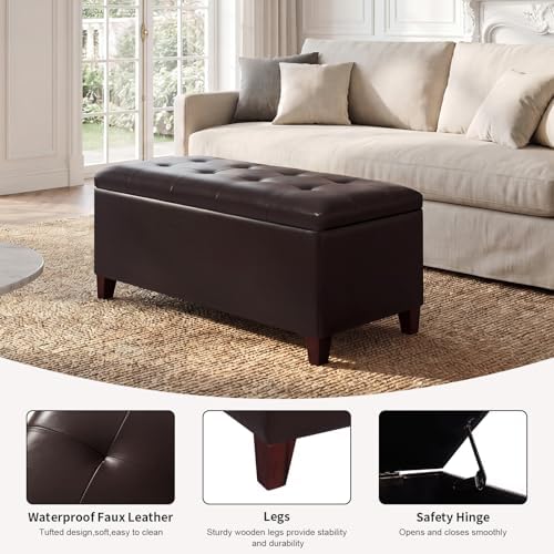 Asense Storage Ottoman Bench, 33" Faux Leather Upholstered End of Bed Be...