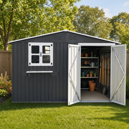10x8 FT Outdoor Storage Shed with 2 Clear Windows, Metal Garden Shed with Flo...