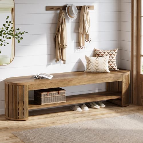 Tribesigns 63" Wooden Entryway Bench with Shoe Storage, Long 2-Tier Narr...