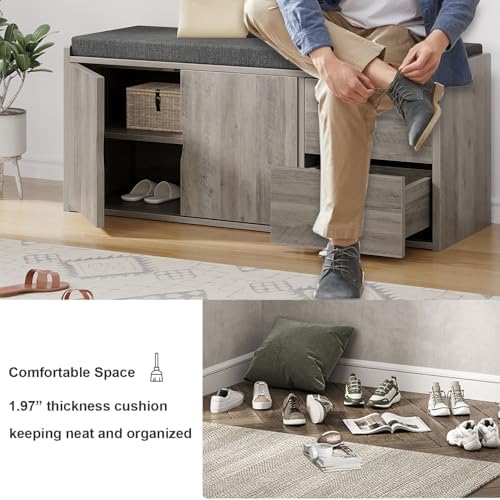 LVB 2-Tier Storage Bench with Padded Cushion, Entryway Bench with 2 Drawers