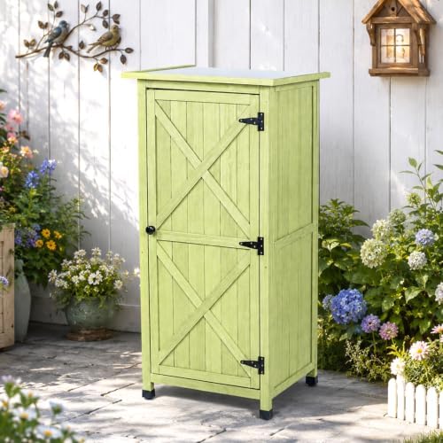 Wooden Outdoor Storage Cabinet, Vertical Garden Tool Shed with Waterproof Met...