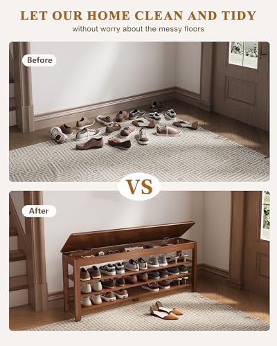 IUNVR Shoe Rack Bench Seat Rubberwood 3-Tier Wooden Storage Bench 550lbs Comp...