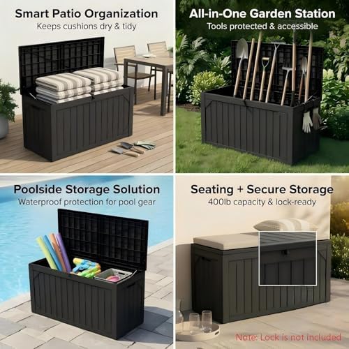 100 Gallon Outdoor Storage Bench - Waterproof Deck Box with Lock, UV Resistan...