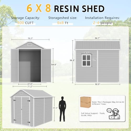 PIPLEO 6x8 FT Resin Outdoor Storage Shed with Floor, Plastic Garden Storage S...