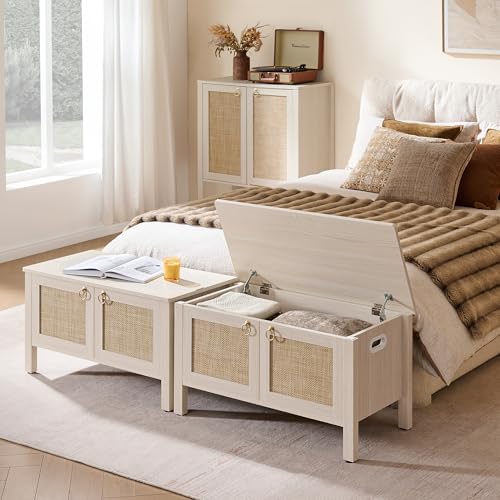 SICOTAS Rattan Storage Bench Boho Storage Chest with 2 Safety Hinges