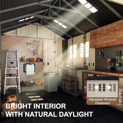 8x12 Ft Outdoor Storage Shed with Floor, Large Resin Outdoor Shed with Lockab...