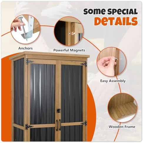 Outdoor Storage Cabinet with Shelves, Wood & Metal Storage Shed with Weat...