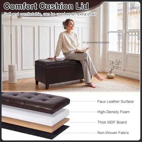 Asense Storage Ottoman Bench, 33" Faux Leather Upholstered End of Bed Be...