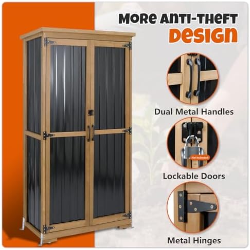 Outdoor Storage Cabinet with Shelves, Wood & Metal Storage Shed with Weat...