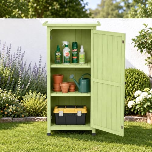 Wooden Outdoor Storage Cabinet, Vertical Garden Tool Shed with Waterproof Met...