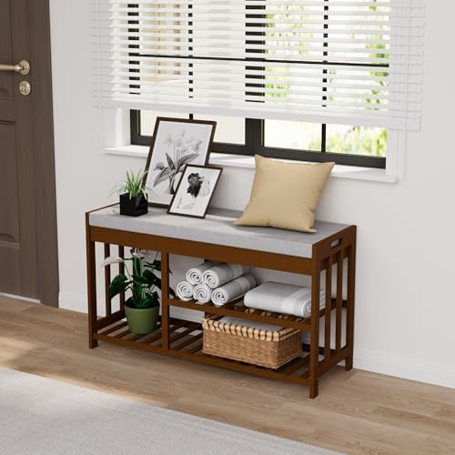 Bamboo Shoe Storage Bench with Cushioned Seat 3-Tier Entryway Shoe Rack