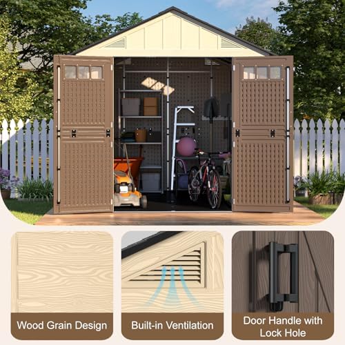 8x12 Ft Outdoor Storage Shed with Floor, Large Resin Outdoor Shed with Lockab...