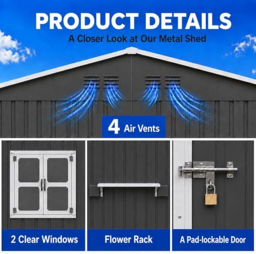 10x8 FT Outdoor Storage Shed with 2 Clear Windows, Metal Garden Shed with Flo...