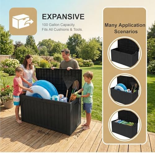 100 Gallon Outdoor Storage Bench - Waterproof Deck Box with Lock, UV Resistan...
