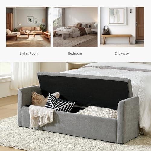 HULALA HOME 59" Storage Bench with 2 Throw Pillows & Armrests, Grey
