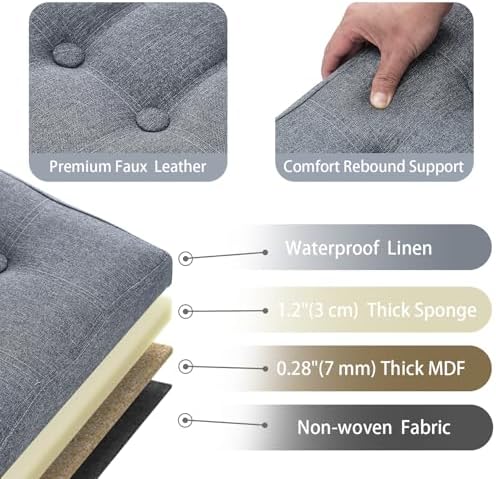 Bsketa Storage Ottoman Bench, 34" Folding Linen Foot Rest Stool, Dark Gray