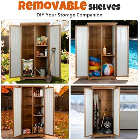 Outdoor Storage Cabinet with Shelves, Wood & Metal Storage Shed with Weat...