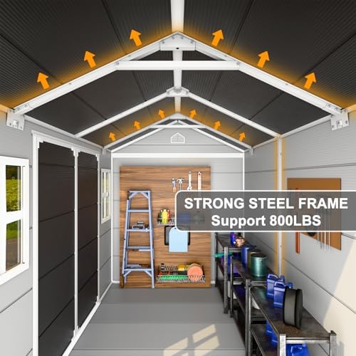 Outdoor Resin Storage Shed 8x6x7 FT with Floor 2 Windows, Reinforced Frame La...