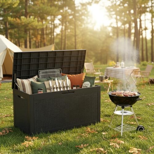 102 Gallon Resin Outdoor Storage Box, Waterproof Deck Box with Lockable Lid, ...