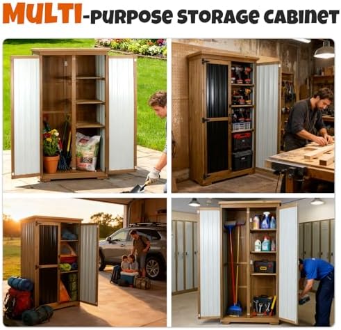 Outdoor Storage Cabinet with Shelves, Wood & Metal Storage Shed with Weat...