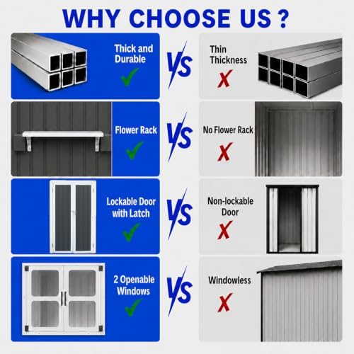 10x8 FT Outdoor Storage Shed with 2 Clear Windows, Metal Garden Shed with Flo...