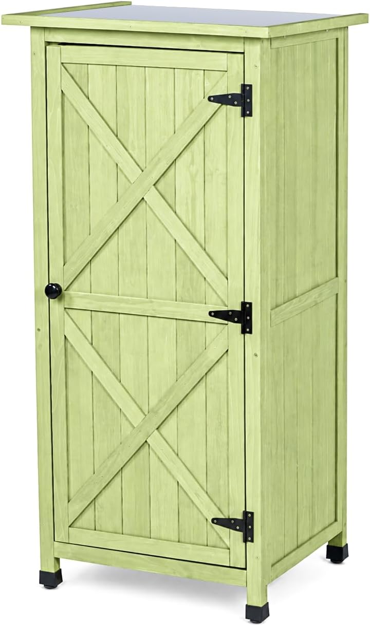 Wooden Outdoor Storage Cabinet, Vertical Garden Tool Shed with Waterproof Met...