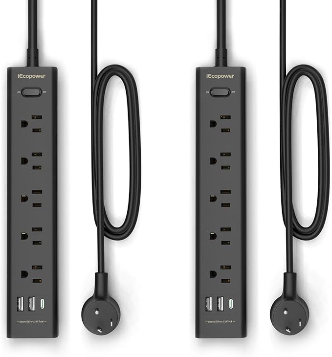 10FT Long Surge Protector Power Strip-with 5 Widely Outlets and 3 USB Ports (2 Pack)