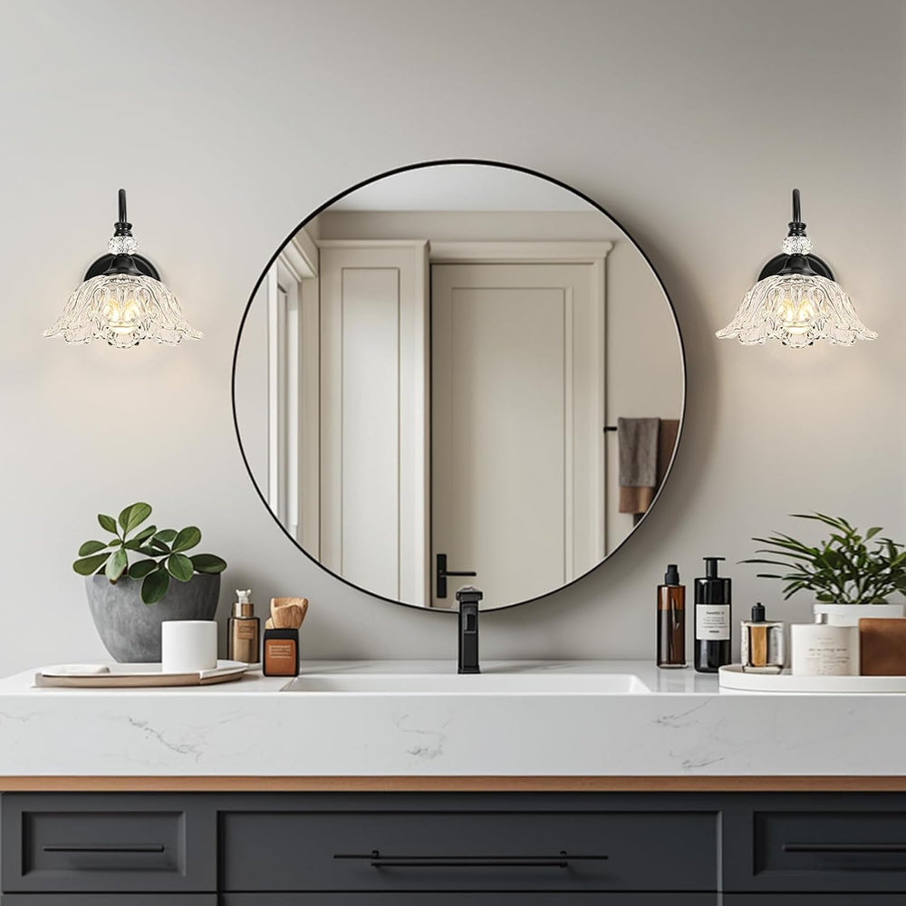 1 Piece Black Wall Sconce with Floral Clear Glass Shade, Black Farmhouse Wall...