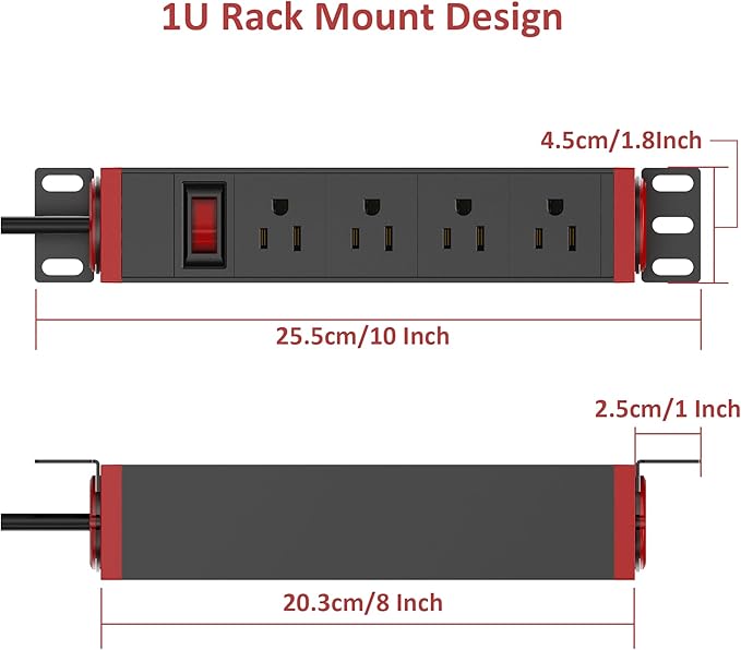 10 Inch Rack PDU Power Strip, 1U RackMount Surge Protector Power Strip with15A