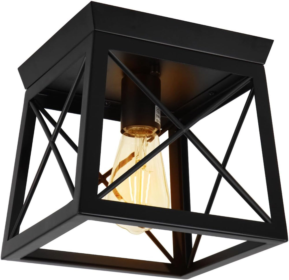 1 Light Black Industrial Flush Mount Ceiling Light Fixture - Square Farmhouse...