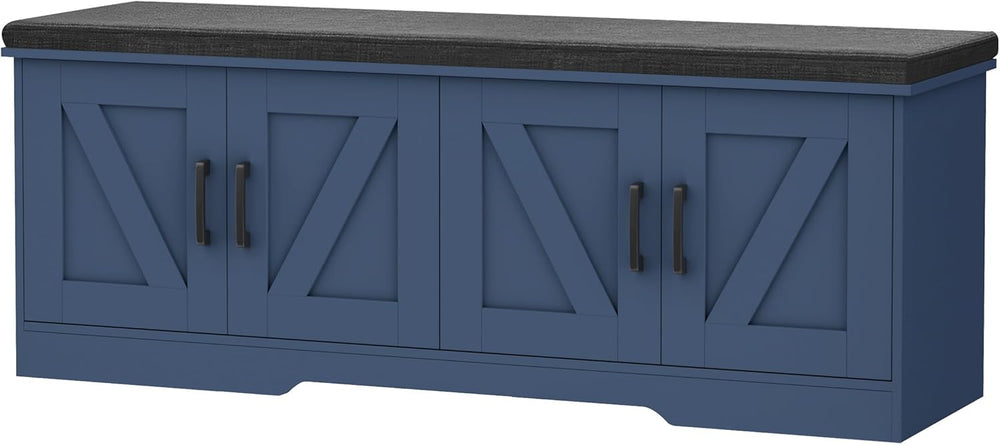 HOMSHO Farmhouse Shoe Storage Bench with 4 Barn Doors & Padded Seat Cushion