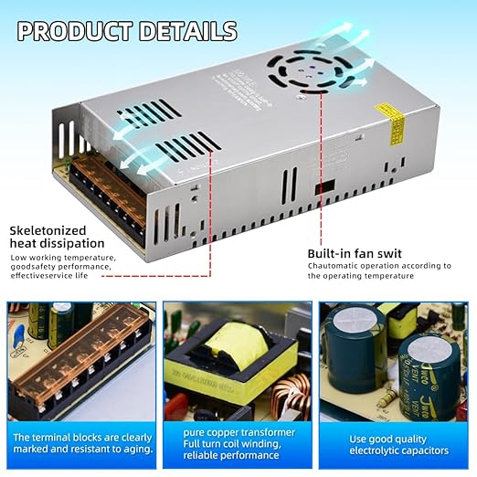 HuanQiuSensmart 110V AC to 12V DC Transformer, 12V 500W 40A Switching Power