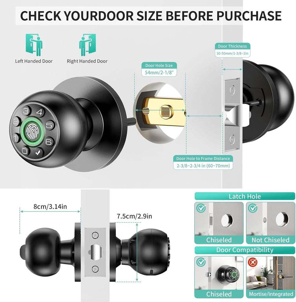 Fingerprint Door Lock Biometric Keypad Smart Door Knob | Bedroom Passcode Han...