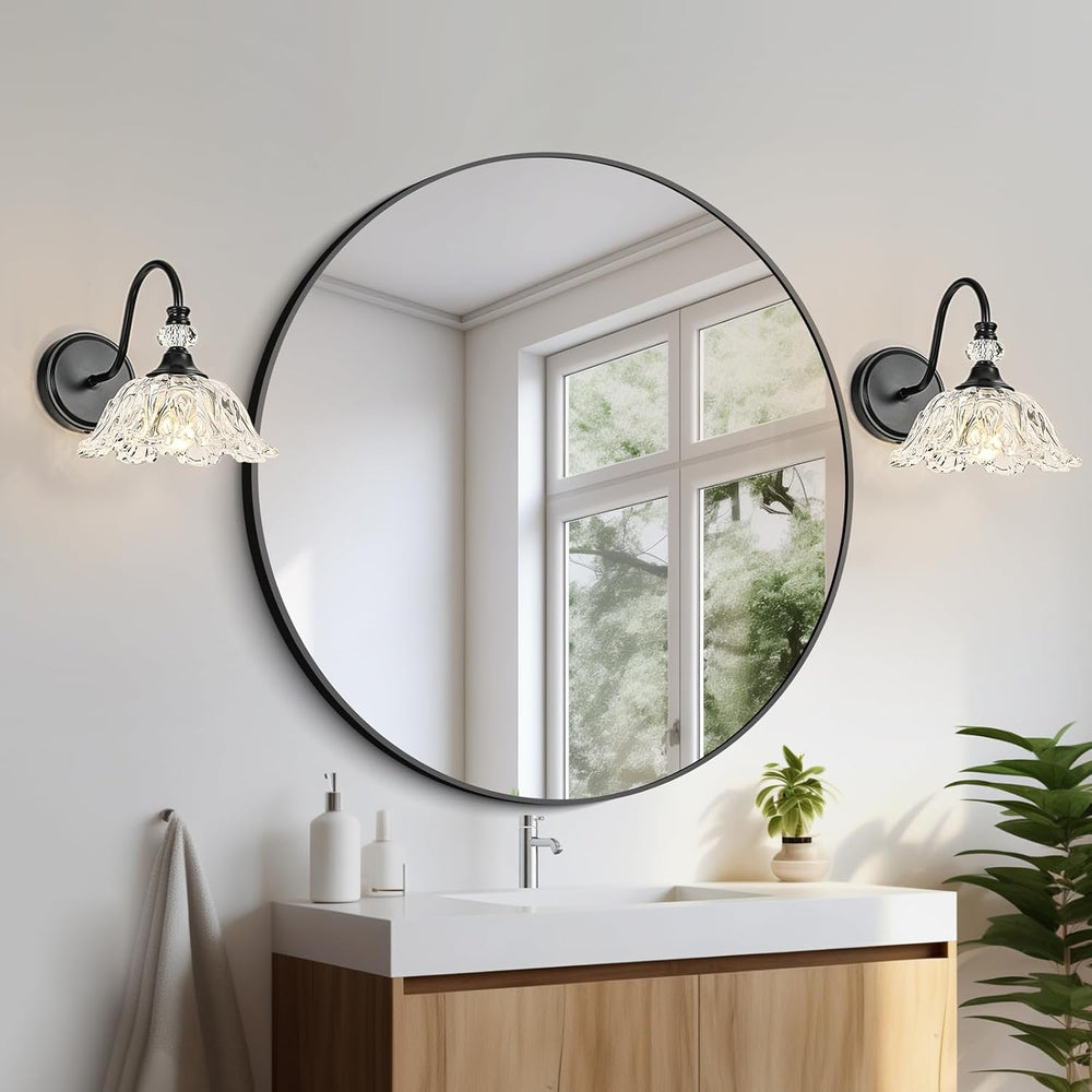 1 Piece Black Wall Sconce with Floral Clear Glass Shade, Black Farmhouse Wall...