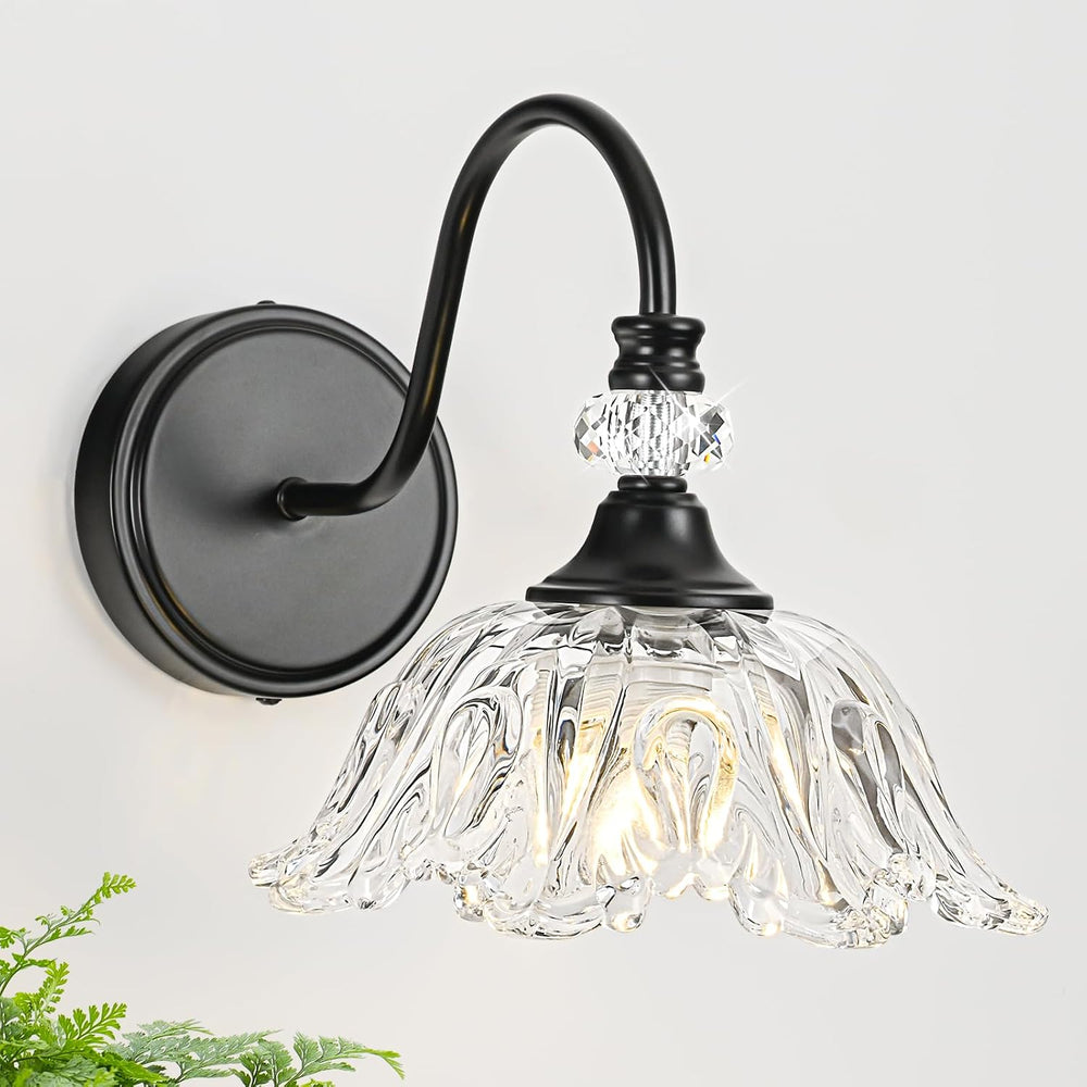 1 Piece Black Wall Sconce with Floral Clear Glass Shade, Black Farmhouse Wall...