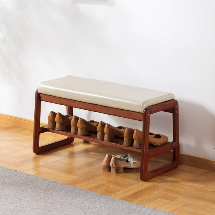 SOBIBO Solid Wood Shoe Bench, 2-Tier Wooden Entryway Bench, Modern Shoe Rack with Faux Leather Cushion for Hallway, Living Room (Gray, 31.5'')