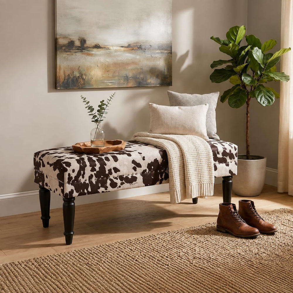 Homebeez 39.4" Cow Print Bench, Upholstered Bedroom Cowhide Bench, Weste...