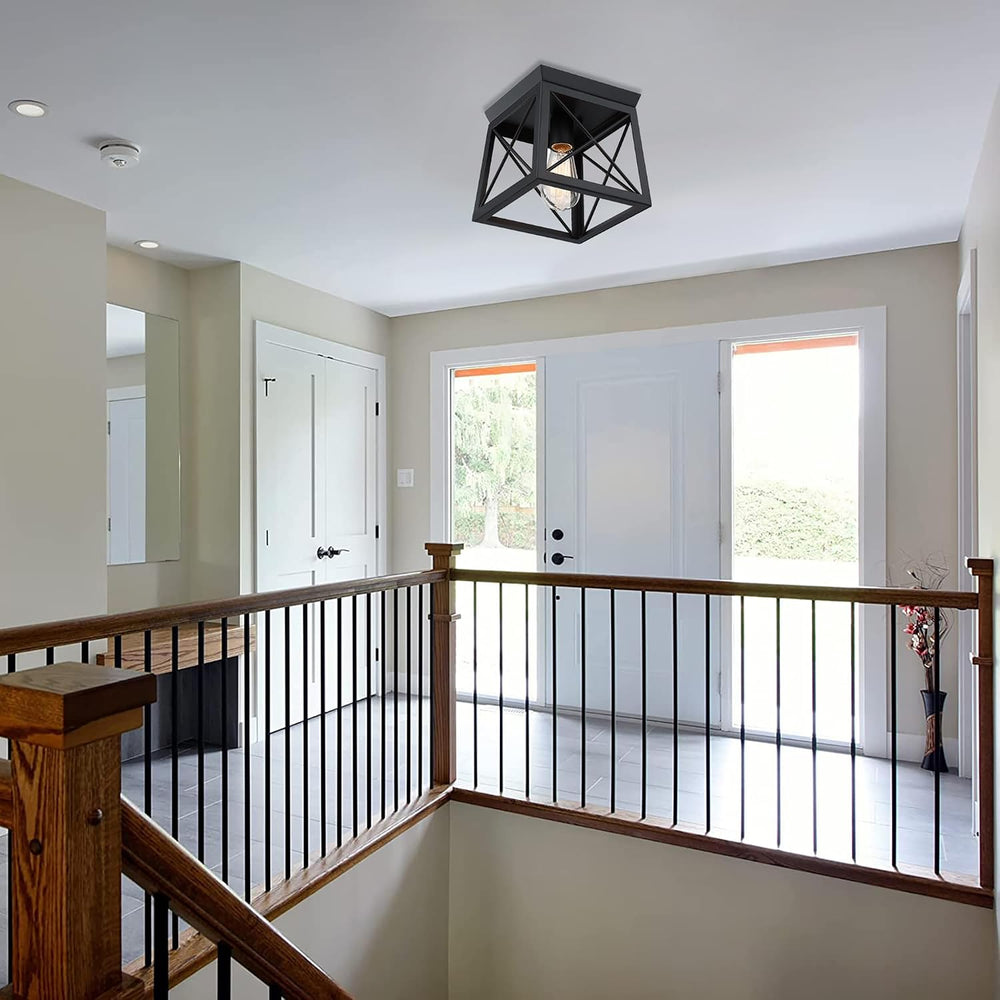 1 Light Black Industrial Flush Mount Ceiling Light Fixture - Square Farmhouse...