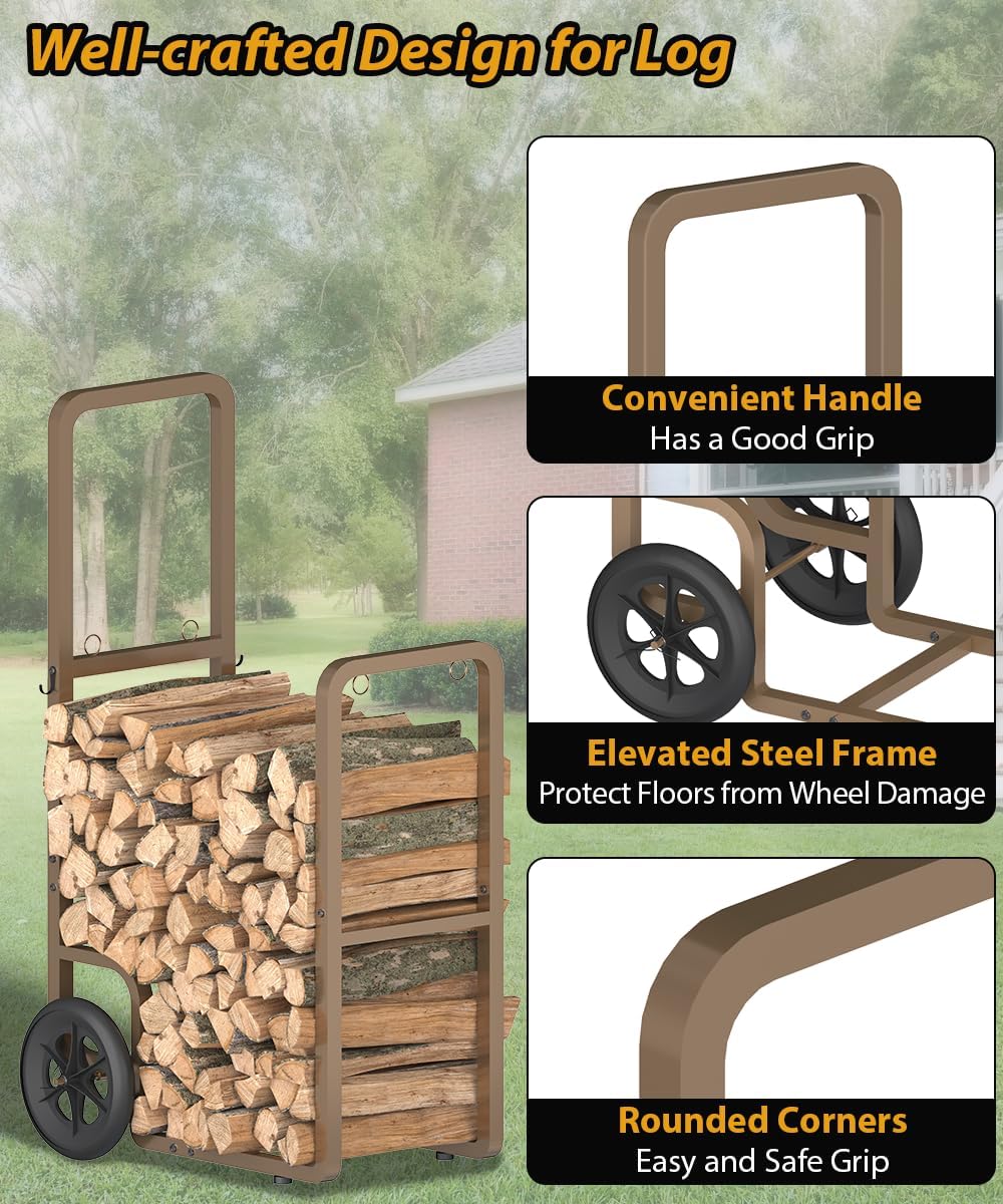 Easy-Assembly Firewood Cart, Rolling Log Carrier for Outdoor & Indoor Use...