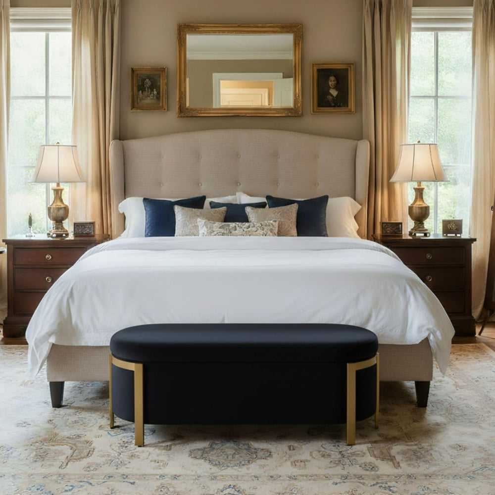 Hyfirm 48" Velvet Storage Bench with Gold Legs, Black