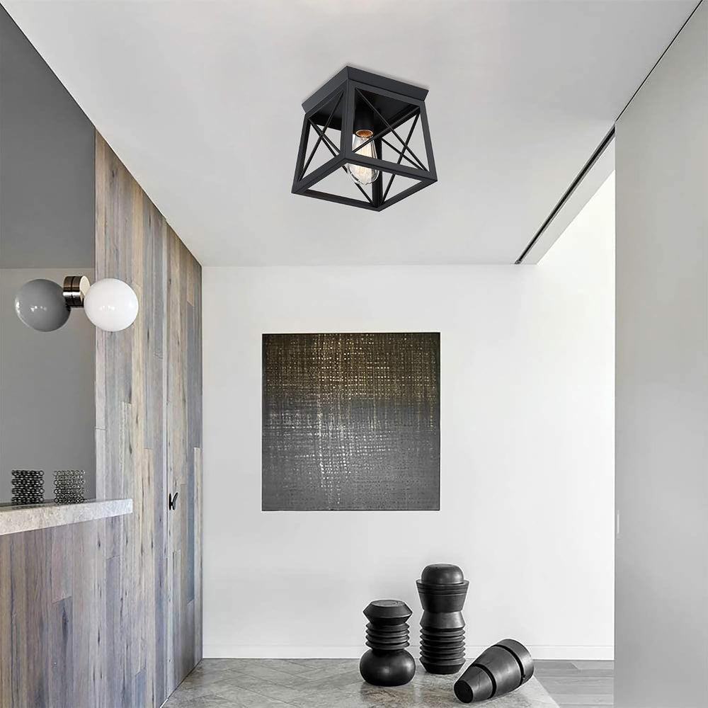 1 Light Black Industrial Flush Mount Ceiling Light Fixture - Square Farmhouse...