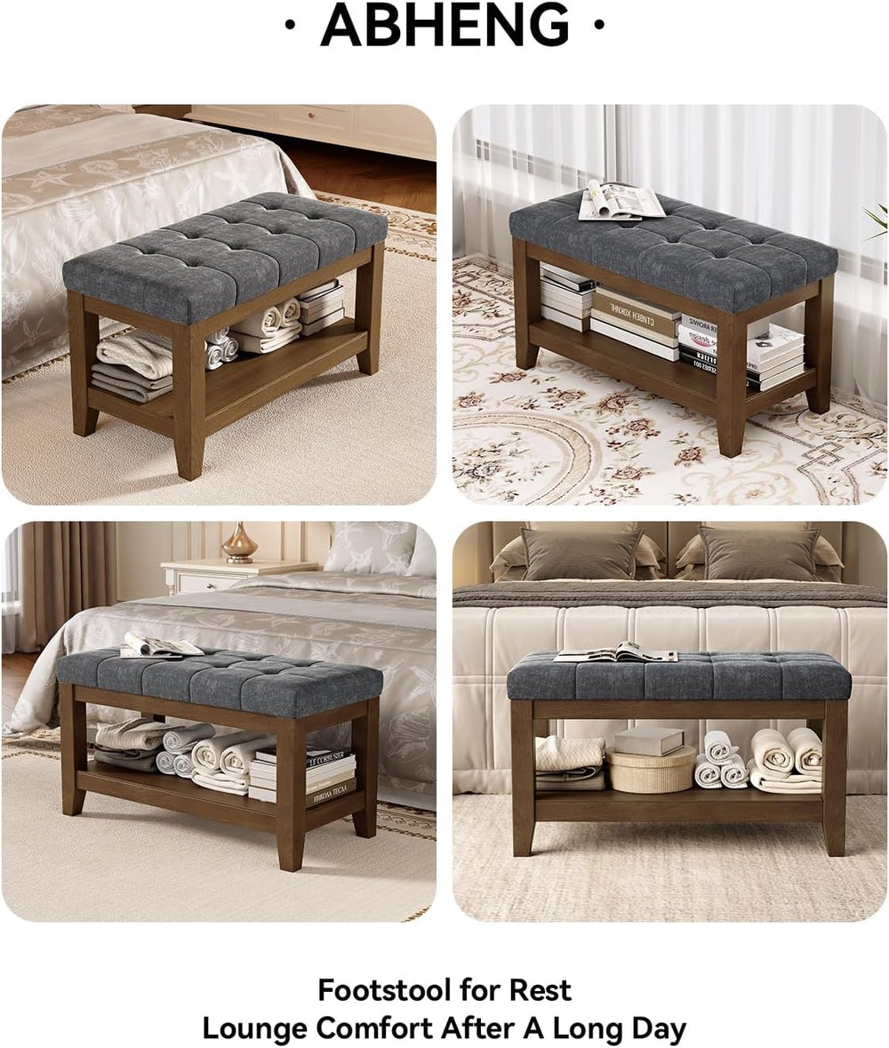 ABHENG Solid Rubber Wood Shoe Bench, Soft Chenille Material Upholstered Seat,...