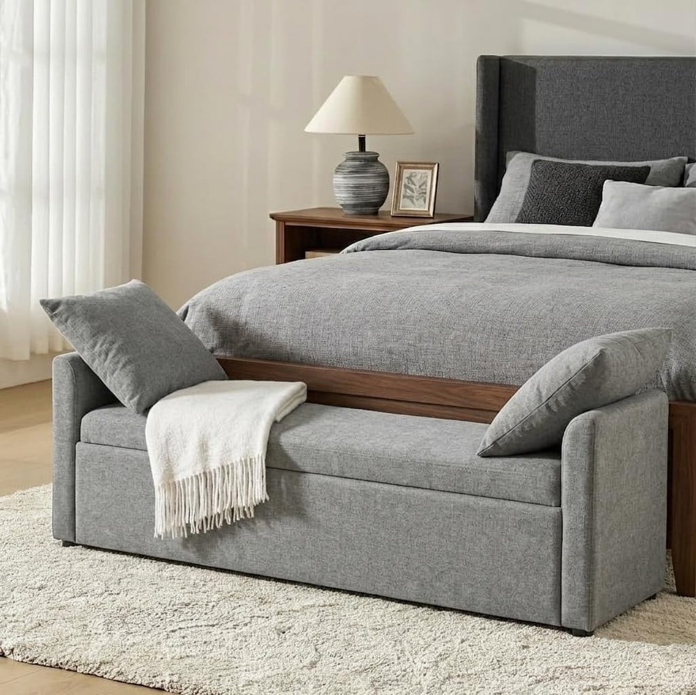 HULALA HOME 59" Storage Bench with 2 Throw Pillows & Armrests, Grey