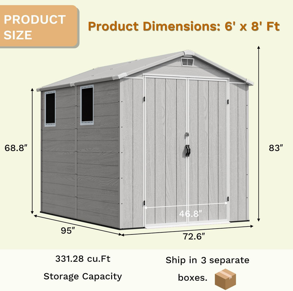 Devoko 6x8 FT Resin Outdoor Storage Shed with Floor, Plastic Garden Shed