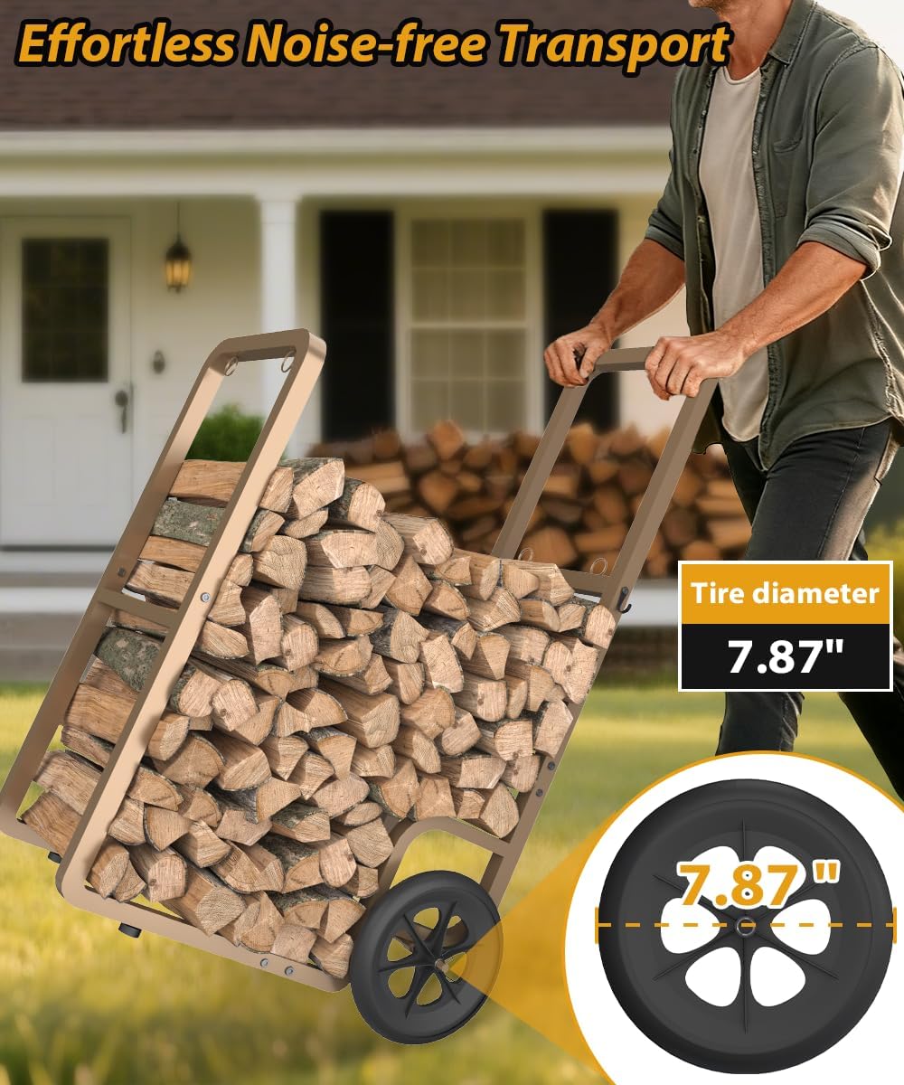 Easy-Assembly Firewood Cart, Rolling Log Carrier for Outdoor & Indoor Use...